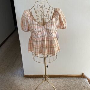 NWT BP Nordstrom Park Plaid Puff Sleeve Peplum Top Size S Pink Beige Cotton